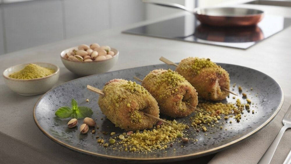 Un piatto moderno e curato presenta tre involtini di lonza impanati al pistacchio su un piano da cucina contemporaneo. Gli involtini sono dorati, croccanti e completamente chiusi e sigillati, trattenendo il ripieno all'interno. Sono guarniti con granella e farina di pistacchio, oltre a pistacchi interi e una foglia di menta. Lo sfondo è una cucina minimalista grigia con una pentola su un piano cottura a induzione e ciotole di pistacchi.
