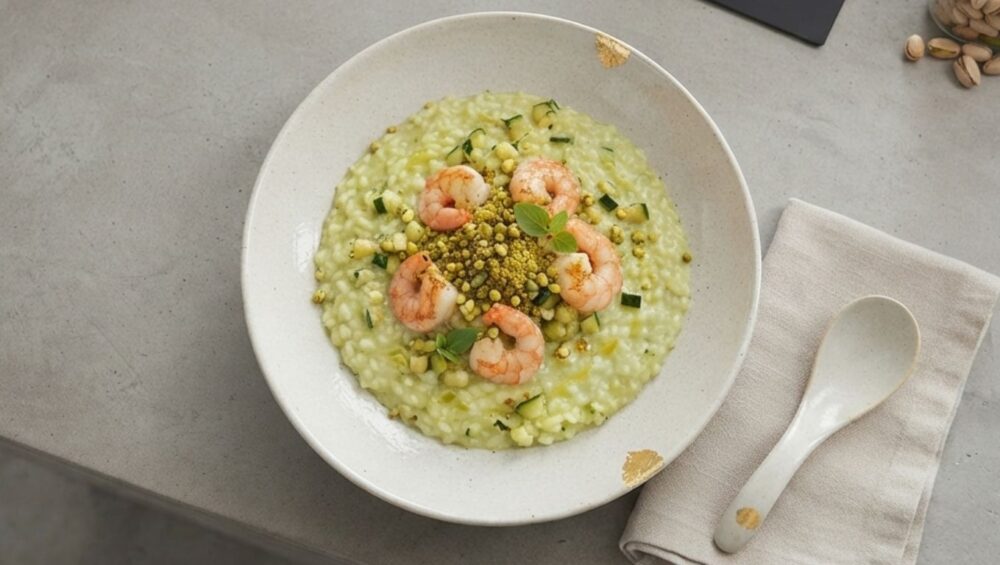 Vista dall'alto di un piatto di design moderno contenente un risotto cremoso ai gamberetti, zucchine e pistacchi, guarnito con gamberi interi rosa, granella di pistacchio e foglioline di basilico. Accanto al piatto si trovano un cucchiaio coordinato su un tovagliolo di lino chiaro e, sullo sfondo di un piano da cucina in cemento, un barattolo con pistacchi e una bottiglia di olio.