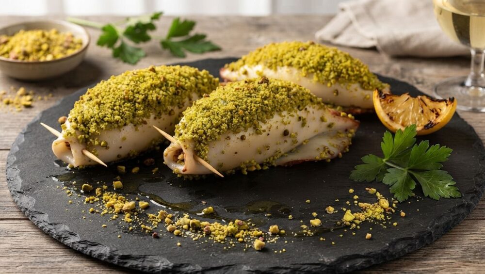Tre calamari ripieni panati con granella di pistacchio, chiusi da uno stecchino e adagiati su un piatto di ardesia nera insieme a una fetta di limone grigliato e prezzemolo fresco, su un tavolo di legno.