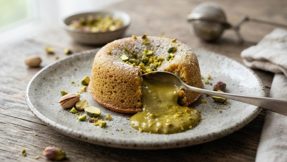 Un tortino al pistacchio dal cuore caldo, cosparso di zucchero a velo e granella, con un cucchiaino inserito che fa colare una crema densa e verde brillante sul piatto in ceramica punteggiata, su un tavolo di legno rustico.