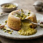 Un tortino al pistacchio dal cuore caldo, cosparso di zucchero a velo e granella, con un cucchiaino inserito che fa colare una crema densa e verde brillante sul piatto in ceramica punteggiata, su un tavolo di legno rustico.