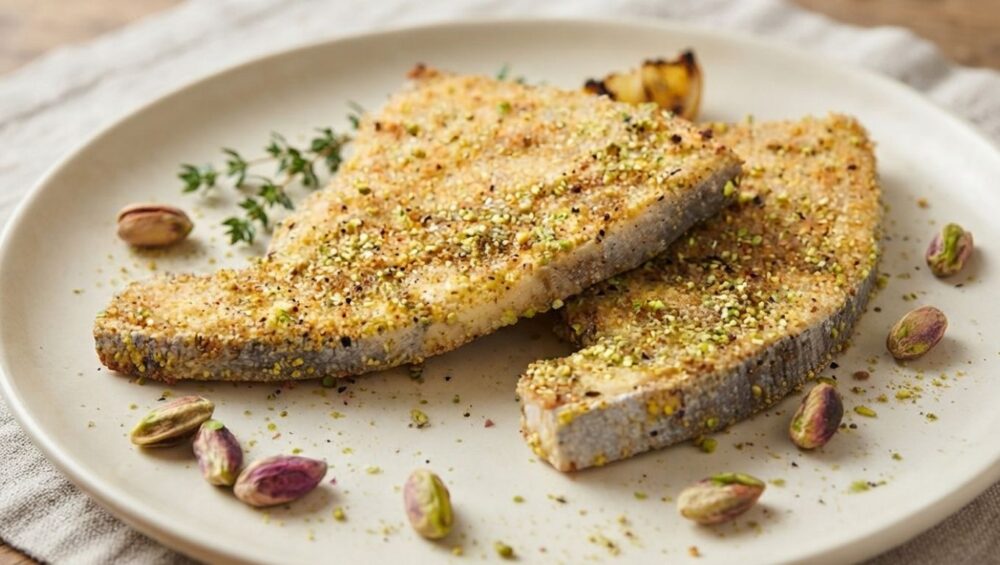 Due tranci di pesce spada gratinati al pistacchio, con crosta dorata e guarnizioni di timo e limone, su un piatto bianco crema.