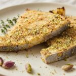 Due tranci di pesce spada gratinati al pistacchio, con crosta dorata e guarnizioni di timo e limone, su un piatto bianco crema.